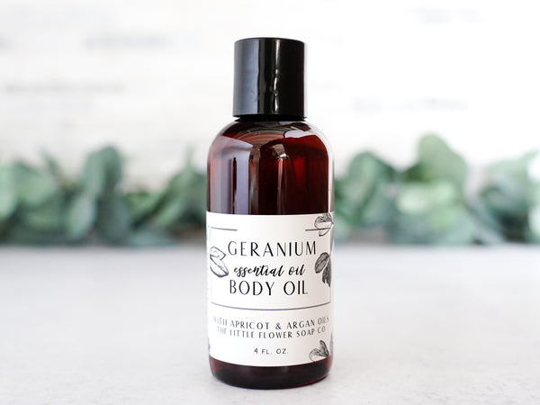 Rose Geranium Body Oil with apricot and Argan oils for after bath or shower skin care moisturizing handmade 4oz bottle