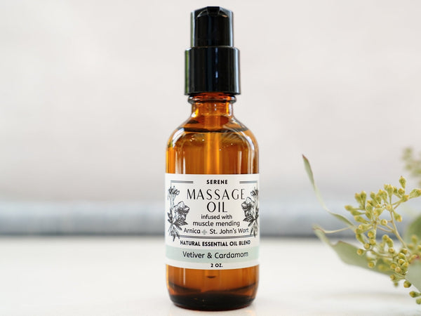 Massage Oil with Arnica - Serene - Vetiver & Cardamom - Little Flower Soap Co