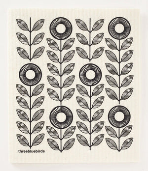 Swedish Dish Cloth - Black and White Scandi Sunflowers - Little Flower Soap Co