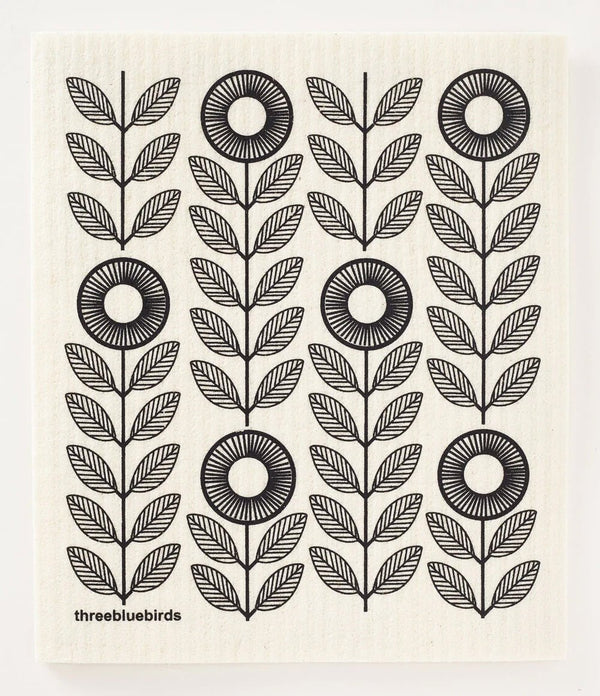 Swedish Dish Cloth - Black and White Scandi Sunflowers - Little Flower Soap Co
