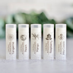 natural chapsticks 5 flavors pictured include tangerine peach mango raspberry and Pina colada these are handmade and in beautiful simple oval shaped tubes with matte clear labels and black printing featuring vintage botanical graphics.  