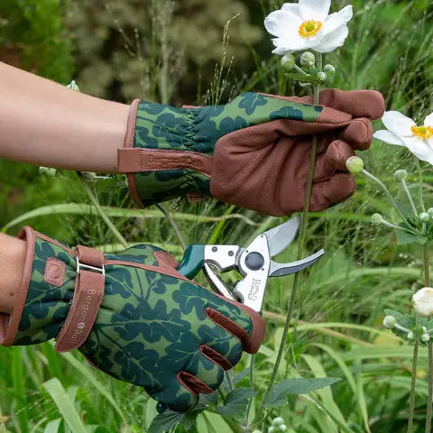Oak Leaf Moss Garden Gloves with Faux Leather Trim & Adjustable Strap