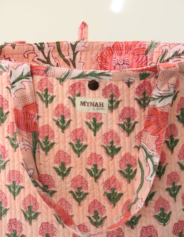 Reversible Quilted Tote Bag - Coral Poppy Print | Laptop Tote