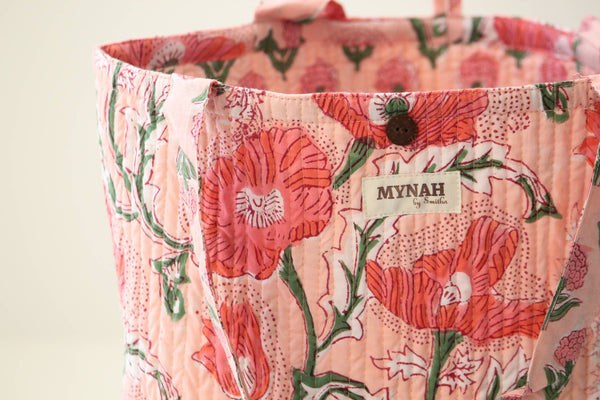 Reversible Quilted Tote Bag - Coral Poppy Print | Laptop Tote