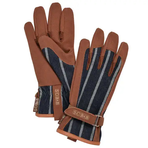 Navy Stripe Garden Gloves with Leather Trim & Adjustable Wrist Strap