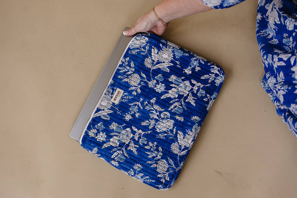 Laptop case-Quilted hand block print cotton with pockets