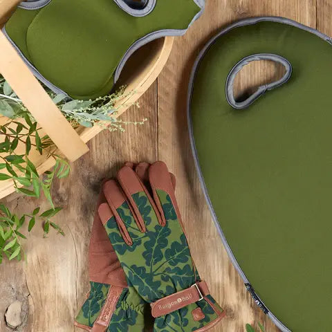 Oak Leaf Moss Garden Gloves with Faux Leather Trim & Adjustable Strap