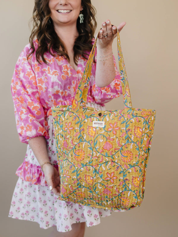 Yellow Batik Quilted Reversible Tote Bag