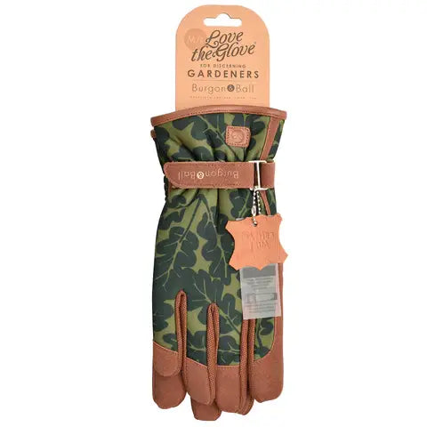 Oak Leaf Moss Garden Gloves with Faux Leather Trim & Adjustable Strap