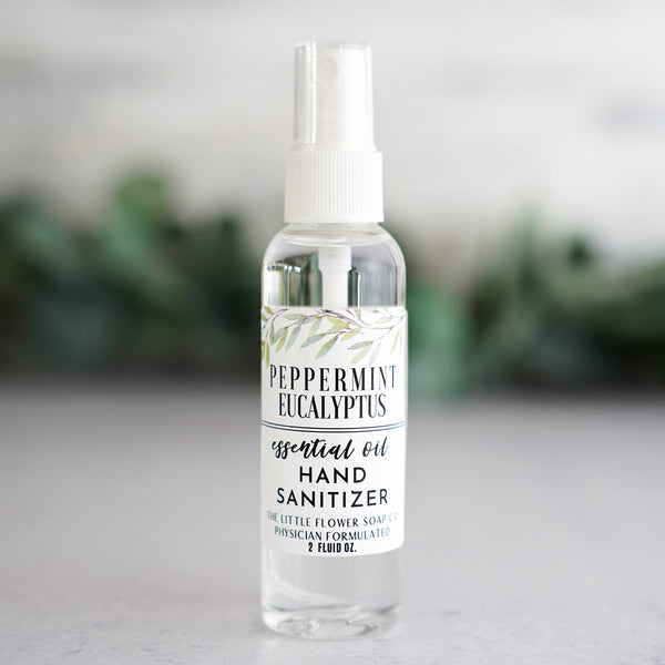 Hand Sanitizer Spray 2oz Peppermint Euclayptus essential oil only natural 80% alcohol with glycerine by the  Little Flower Soap Co