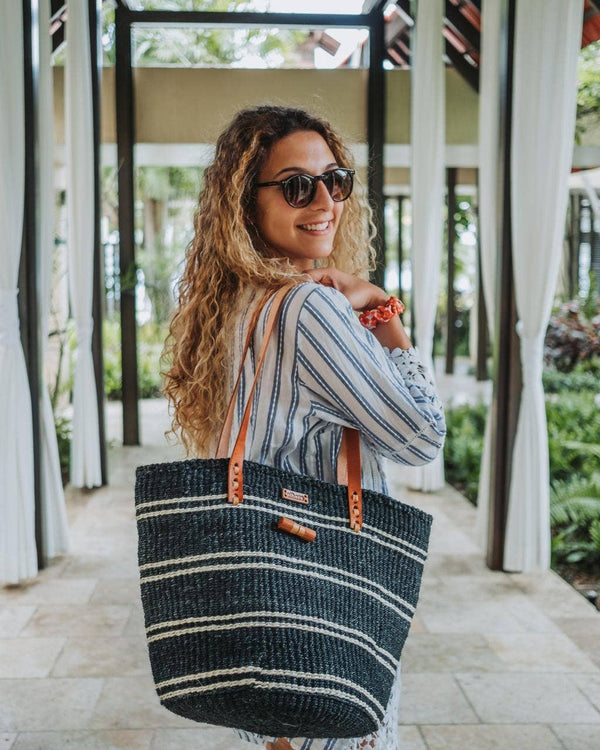 Handwoven Kenyan Sisal Tote – Navy & Cream Stripe