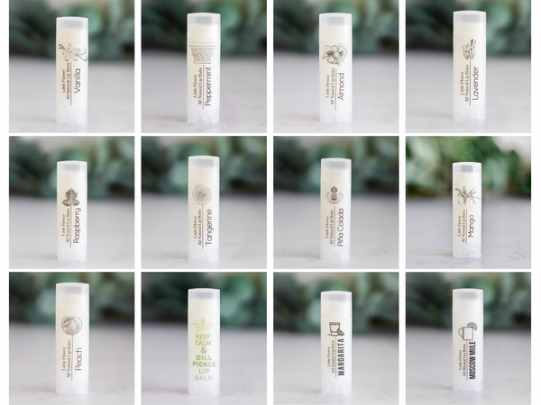 12 handmade natural chapsticks by the little flower soap co including vanilla peppermint almond lavender raspberry tangerine Pina colada mango peach dill pickle margarita and Moscow mule