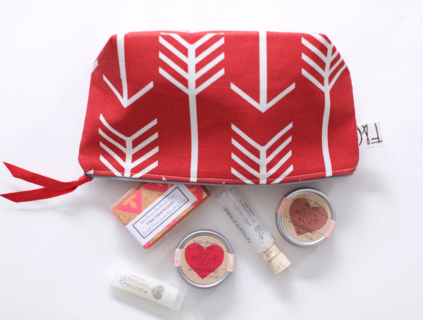 Valentines Day Gift Set For Her Bath and Beauty Gift with Natural lip balm bath salt soap and tins in Red Canvas Zipper bag