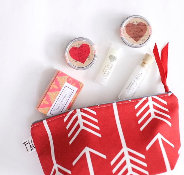 Valentines Day Gift Set For Her Bath and Beauty Gift with Natural lip balm bath salt soap and tins in Red Canvas Zipper bag