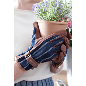 Navy Stripe Garden Gloves with Leather Trim & Adjustable Wrist Strap