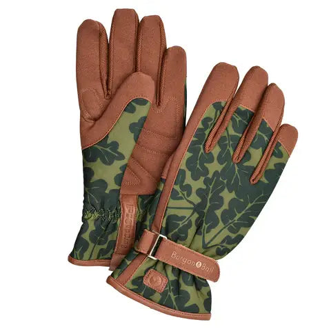 Oak Leaf Moss Garden Gloves with Faux Leather Trim & Adjustable Strap