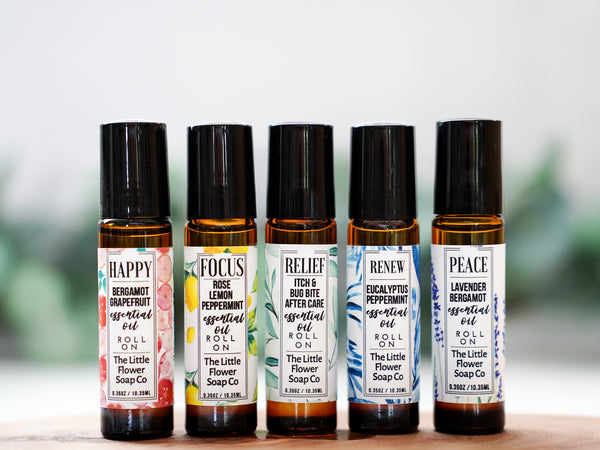 Set of 5 essential oil roll-ons: Happy, Focus, Relief, Renew, and Peace by Little Flower Soap Co