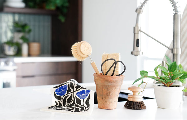 Farmhouse Kitchen Decor shop for stunning pot scrub brush, bamboo dish brush, pretty swedish dish cloth iron bonsai scissors and linen dish clothes in neutral colors all biodegradable and ethically sourced
