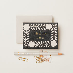wanderlust paper company thank you mini card black and white floral print with gold lettering blank inside