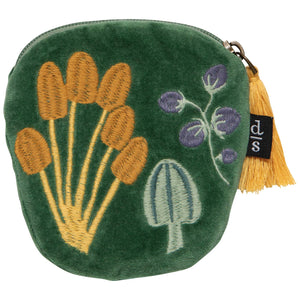 Wild Grove mushroom embroidered velvet large coin purse pouch with zipper and tassel in vintage green and mustard