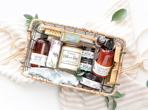 Happy Mother's Day Gift Basket ideas for mom 2024 best pampering and self care gifts that ship for delivery with candle soap lotion essential oil home bath and body gifts over 100 dollars