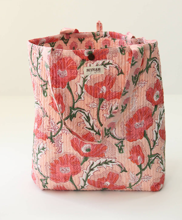 Reversible Quilted Tote Bag - Coral Poppy Print | Laptop Tote
