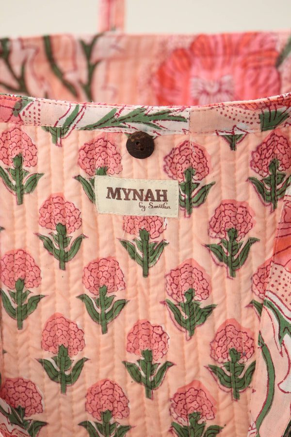 Reversible Quilted Tote Bag - Coral Poppy Print | Laptop Tote
