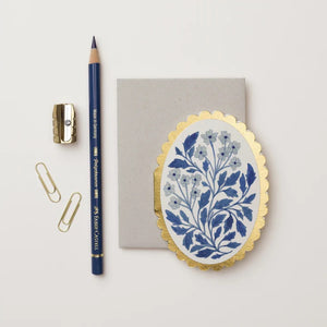 blue botanical hand drawn mini greeting card blank inside scalloped edge indigo vintage note card