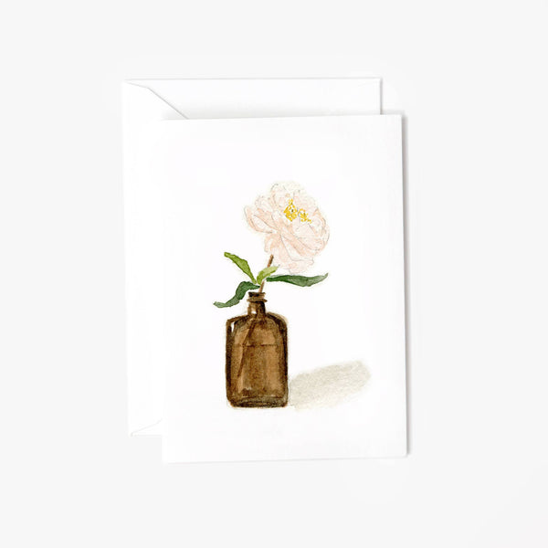 botanical line drawing greeting card peony in vintage apothecary bottle mini blank stationary