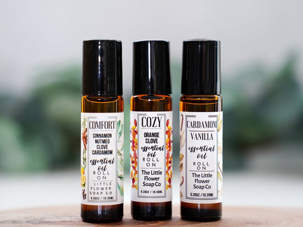 Comfort, Cozy & Cardamom Vanilla Essential Oil Roll-On Set of 3 - Little Flower Soap Coaromatherapy gift setcozy fragranceessential oil giftsEssential Oils