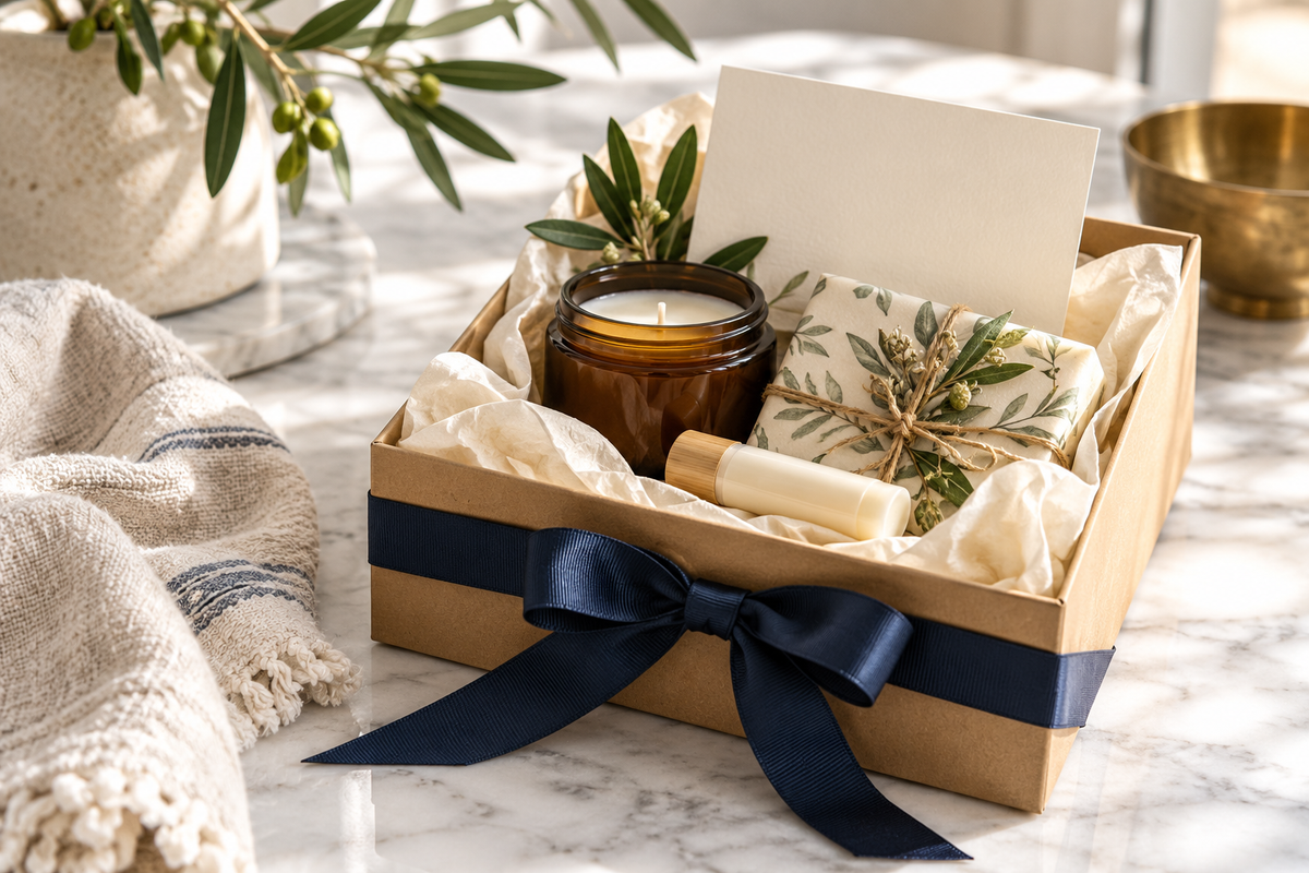 Handmade corporate gift box with candle, soap, and lip balm