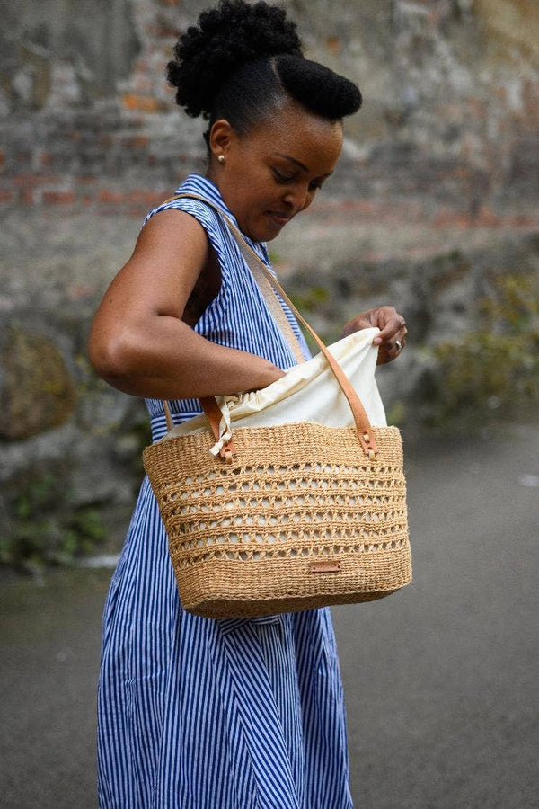 Handwoven Kenyan Sisal Bag with Drawstring Lining – Small