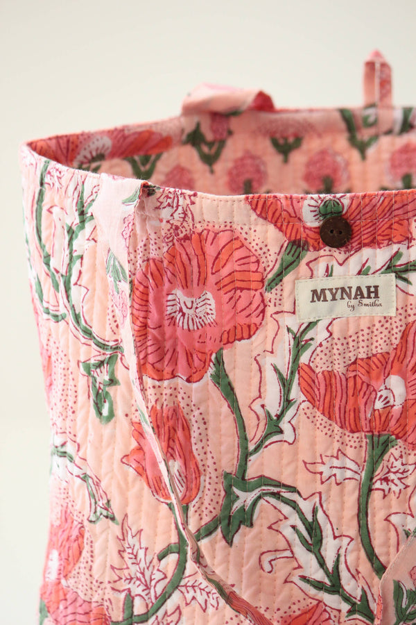 Reversible Quilted Tote Bag - Coral Poppy Print | Laptop Tote