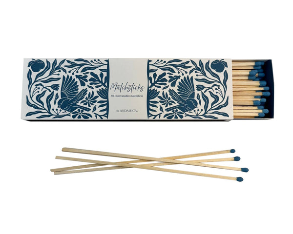 40 count box of 8 inch matches in decorative blue and white linocut botanical print nature birds fruit flowers farmhouse decor