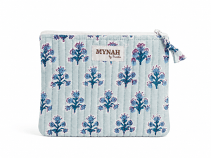 quilted block print batik zipper bag pouch organizer in blue and teal pastels with mynah tag
