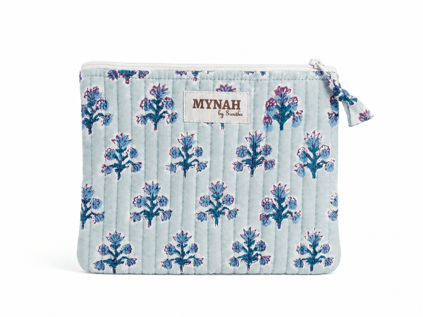 quilted block print batik zipper bag pouch organizer in blue and teal pastels with mynah tag
