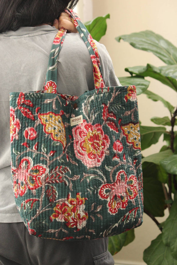 Emerald garden print reversible tote bag - Small laptop bag - Little Flower Soap Cobatikfloralfloral printbag