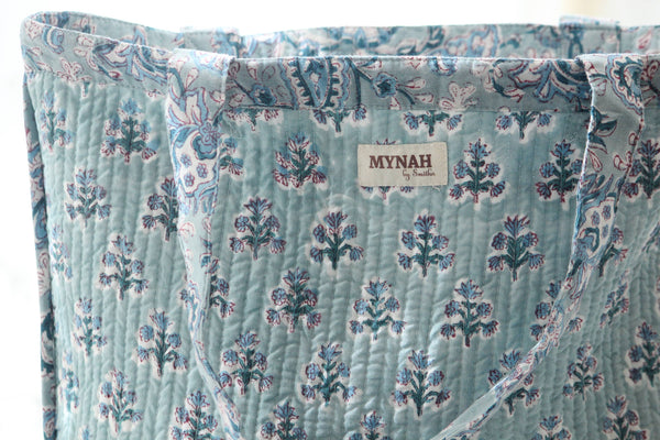 Reversible Quilted Tote Bag - Teal Paisley & Blue Thistle Print | Laptop Tote