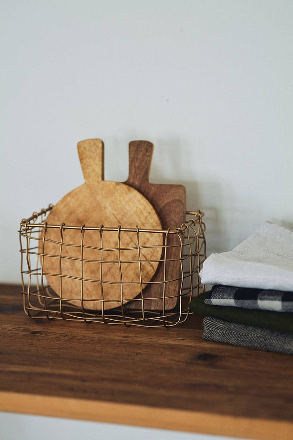 Rustic Brass Wire Basket – Rectangular Organizer for Kitchen or Bath
