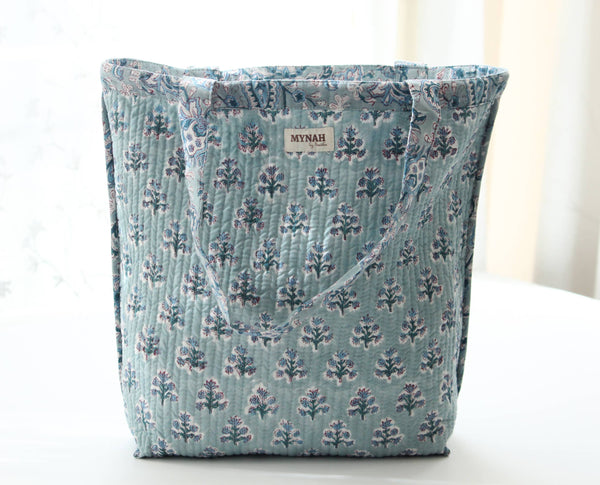 Reversible Quilted Tote Bag - Teal Paisley & Blue Thistle Print | Laptop Tote
