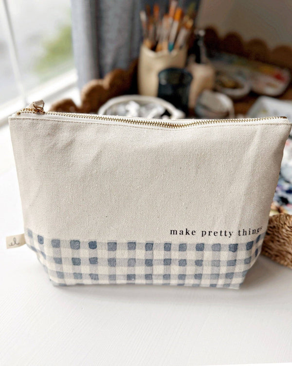 Gingham Canvas Zipper Pouch - "Make Pretty Things" - Little Flower Soap Coart giftsart suppliesartistart supplies