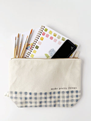 Gingham Canvas Zipper Pouch - "Make Pretty Things" - Little Flower Soap Coart giftsart suppliesartistart supplies