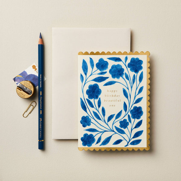 Happy Birthday Beautiful One - Blue Floral Card - Little Flower Soap Co