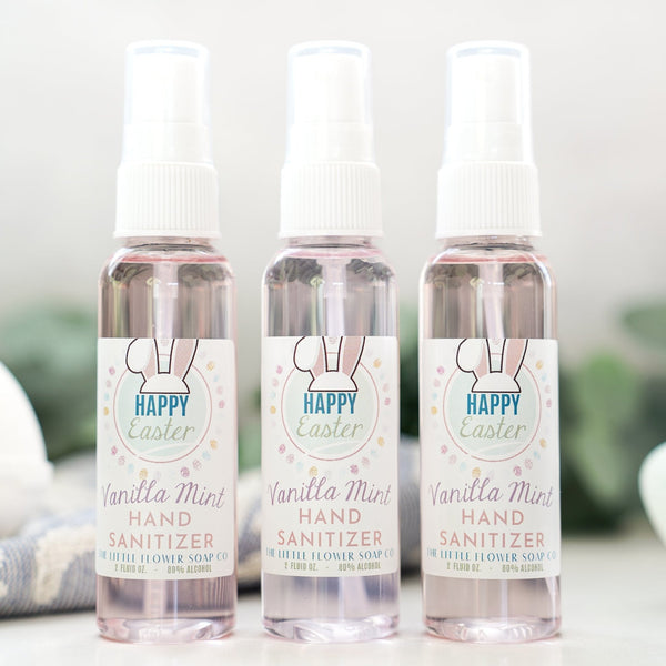 Happy Easter Hand Sanitizer - 2oz Vanilla Mint Scent - Little Flower Soap Co80% alcoholAlcohol based hand sanitizerantibacterial spraysHand Sanitizer