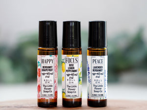 Happy, Focus & Peace Essential Oil Roll-On Set of 3 - Little Flower Soap Coaromatherapy gift setessential oil giftsessential oil roll on setEssential Oils