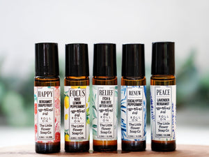 Set of 5 essential oil roll-ons: Happy, Focus, Relief, Renew, and Peace by Little Flower Soap Co