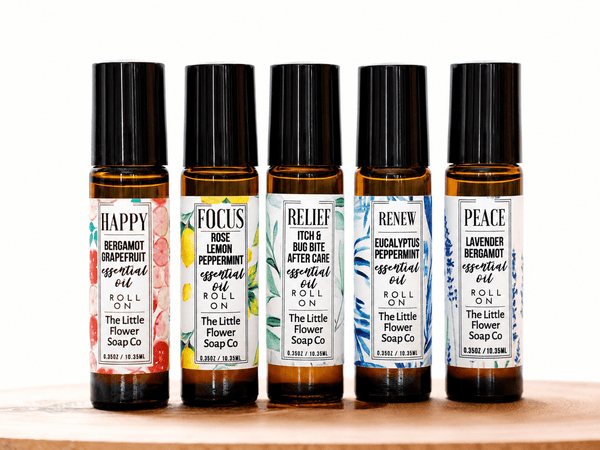 Happy, Focus, Relief, Renew & Peace Essential Oil Roll-On Set of 5 - Little Flower Soap Coaromatherapy gift setessential oil roll on setmood essential oilsEssential Oils