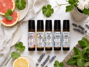 Happy, Focus, Relief, Renew & Peace Essential Oil Roll-On Set of 5 - Little Flower Soap Coaromatherapy gift setessential oil roll on setmood essential oilsEssential Oils
