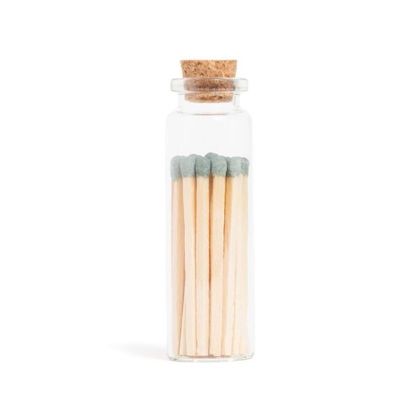 marine sage green eucalyptus tip matches for party favor or decor in glass vial with cork
