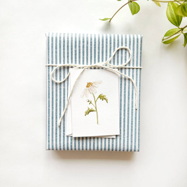 mini card gift tag folded botanical art print card vintage daisy on ticking stripe gift box with twine